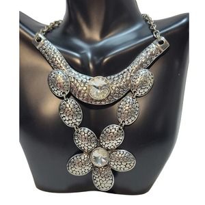 Silver Flower Statement Choker Necklace Clear Cabochon 16" chain